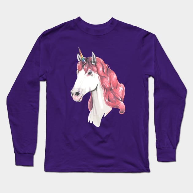 Pink hair unicorn Long Sleeve T-Shirt by Pendientera